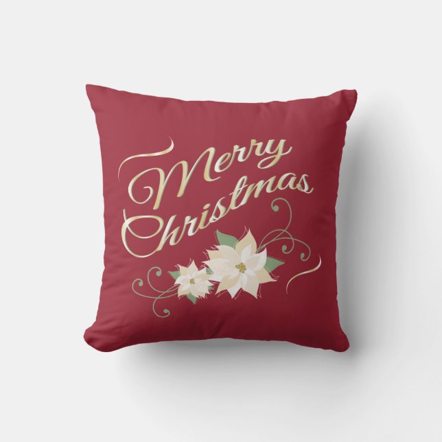 Coussin Joyeux Noël de rouge et d'or et poinsettias (Recto)