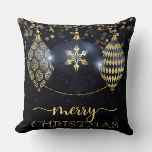 Coussin Joyeux Noël élégant Navy et Ornement doré