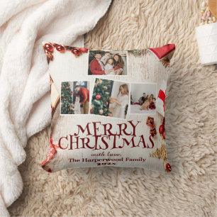 Coussin Joyeux Noël élégant rouge Collage de photos de fa