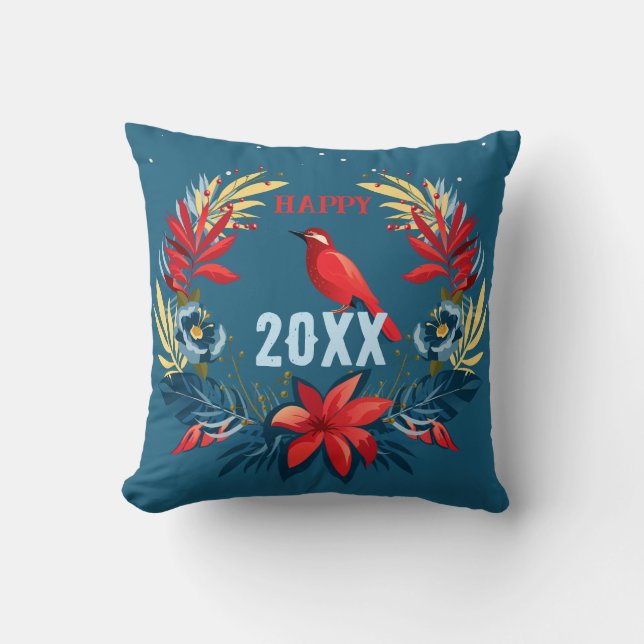 Coussin Joyeux Noël et Bonne Année ! 2026 Oiseau Rouge (Recto)