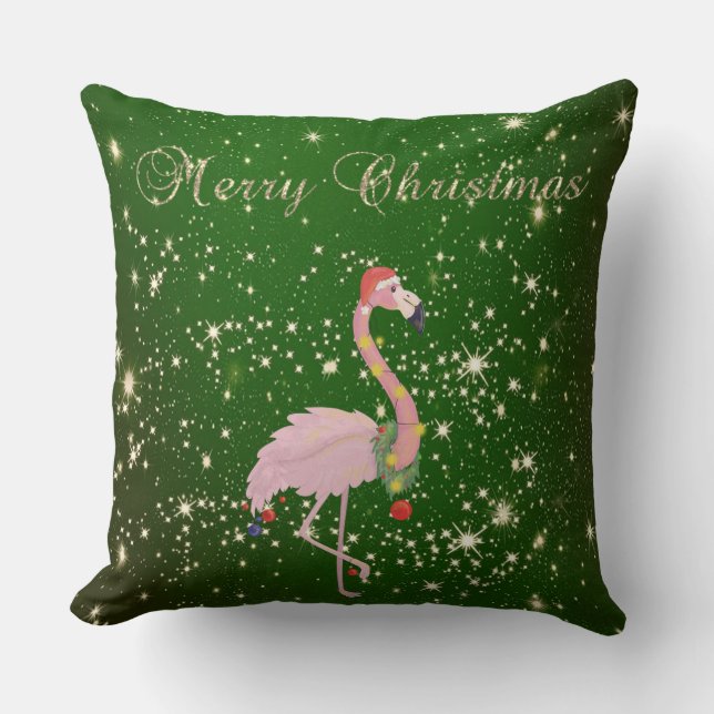 Coussin Joyeux Noël, Flamant rose rose avec chapeau de Pèr (Recto)