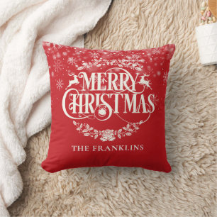 Coussin Joyeux Noël Flocons de neige Rouge Personnalisé Fa