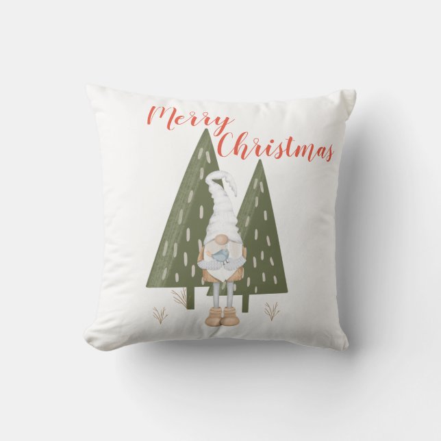Coussin Joyeux Noël Forêt Gnome Blanc (Recto)