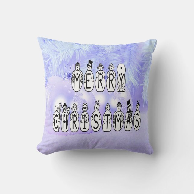 Coussin Joyeux Noël gens de neige Police, Blue Tint neige (Recto)