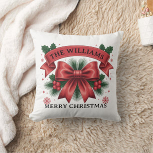 Coussin Joyeux Noël Grand Ruban Rouge Nom de Famille Perso