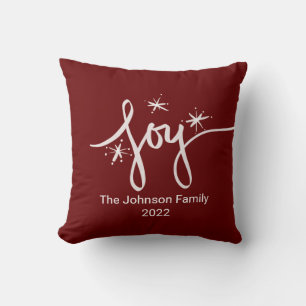 Coussin Joyeux Noël lettrage Flocons de neige Joie Rose