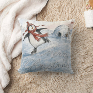 Coussin Joyeux Noël Manchot sur Patins à Glace