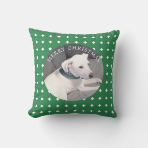 Coussin Joyeux Noël mignon chien blanc rond photo vert