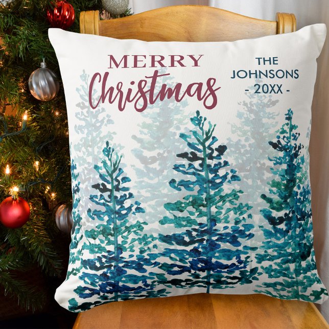 Coussin Joyeux Noël Moderne Aquarelle Forêt Arbres (Stylishly Personalize with Your Custom Name & Year)