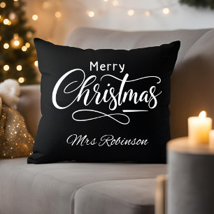Coussin Joyeux Noël moderne Script Nom personnalisé