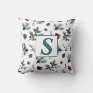 Coussin Joyeux Noël Monogramme Vert Marron Blanc Pin