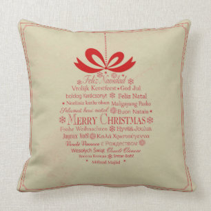 Coussin Joyeux Noël Multilingue Beige Et Rouge