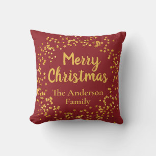 Coussin Joyeux Noël Nom de Famille Élégant Rouge et Or 