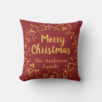 Coussin Joyeux Noël Nom de Famille Élégant Rouge et Or