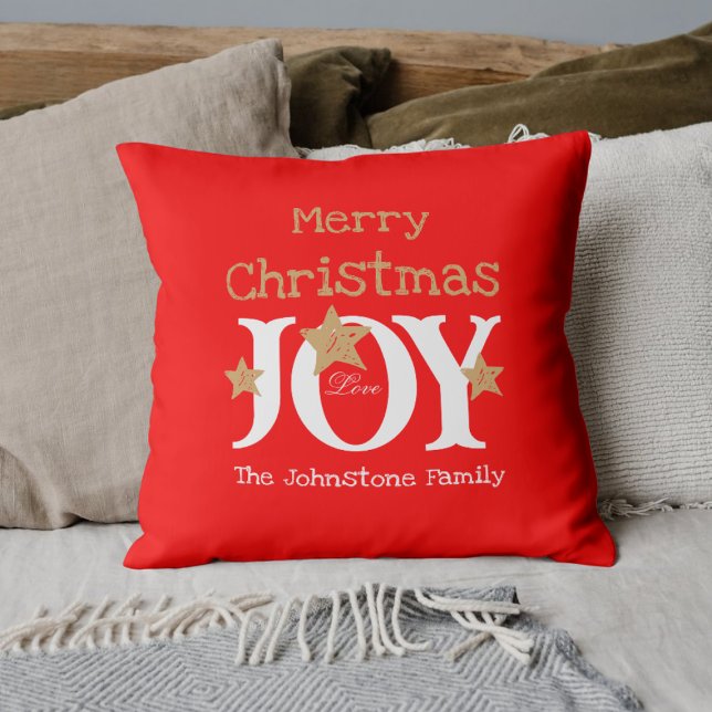Coussin Joyeux Noël Nom de famille Script Joy Red (Add a dash of extra Christmas Joy with these bright red, playful throw pillows.)