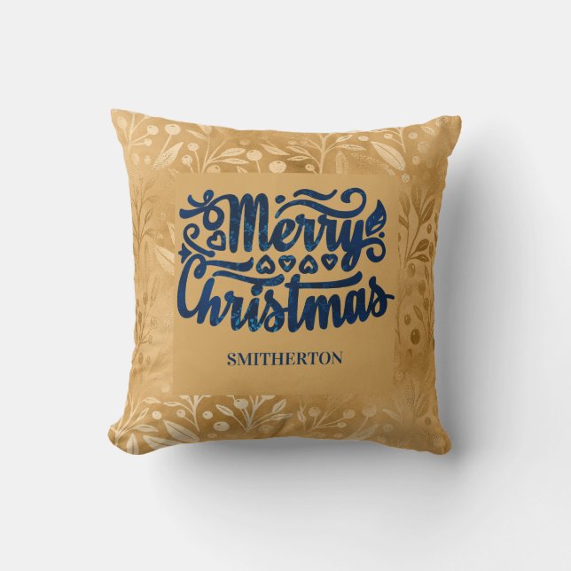 Coussin Joyeux Noël or Marine Bleu Brush Nom du script (Recto)
