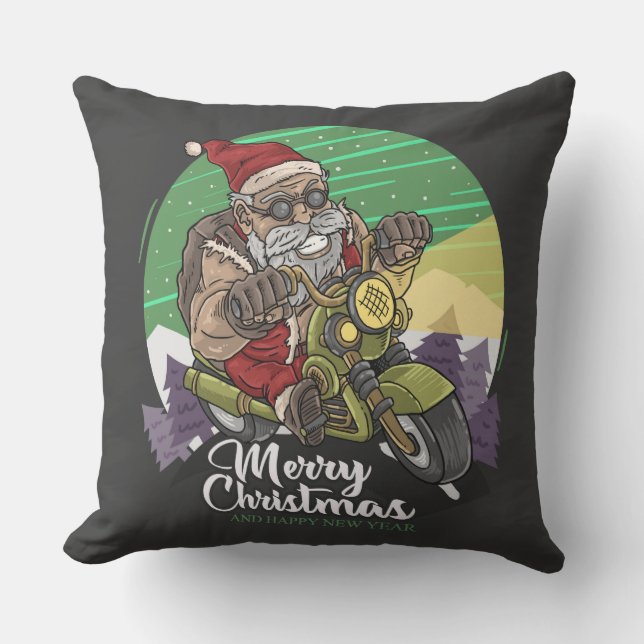 Coussin Joyeux Noël Père Noël Biker Jouer l'oreiller (Recto)