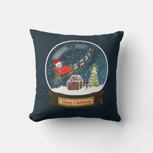 Coussin Joyeux Noël Père Noël Sleigh Reindeer Snow Globe (Recto)