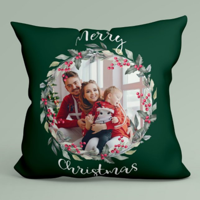 Coussin Joyeux Noël photo de famille Vert (Créateur téléchargé)