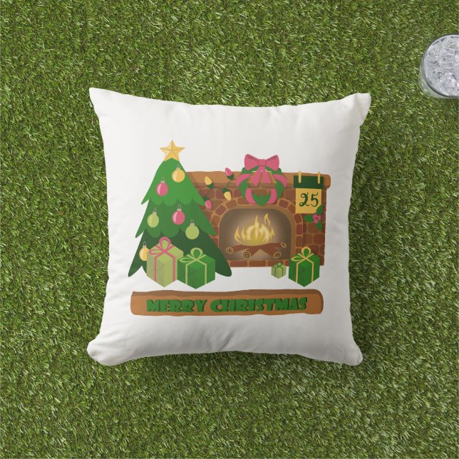 Coussin Joyeux Noël près de la cheminée bonfire xmas arbre (Herbe)