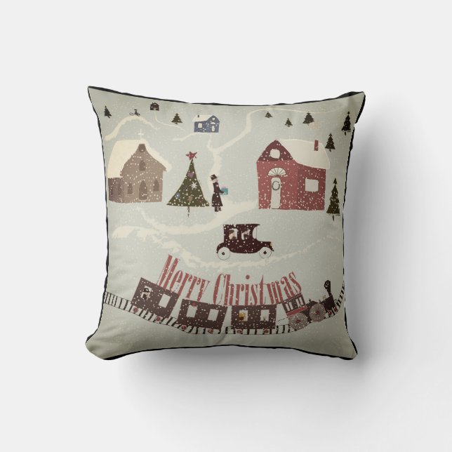 Coussin Joyeux Noël rétro dessin animé paysage train hage (Recto)