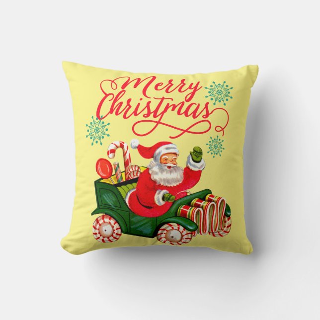 Coussin Joyeux Noël rétro Père Noël en Candy Car (Recto)