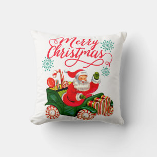 Coussin Joyeux Noël rétro Père Noël en voiture Candy
