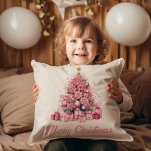 Coussin Joyeux Noël rose cadeaux d'arbre de Noël