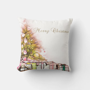 Coussin Joyeux Noël, sapin de Noël avec cadeaux