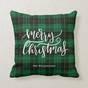 Coussin Joyeux Noël Script Green Plaid Holiday