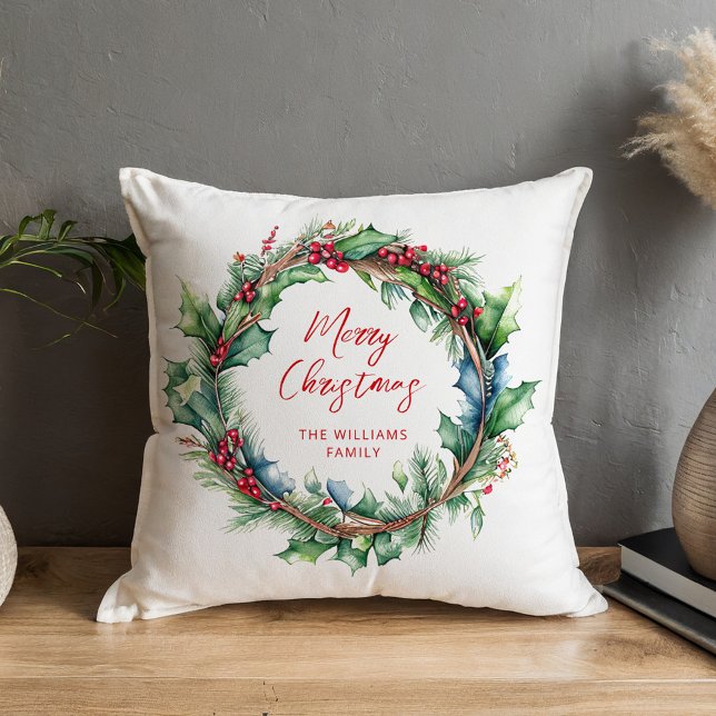 Coussin Joyeux Noël Script Vacances Wreath (Créateur téléchargé)