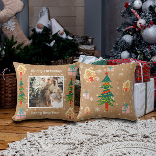 Coussin Joyeux Noël Vintage Photo de famille Brown