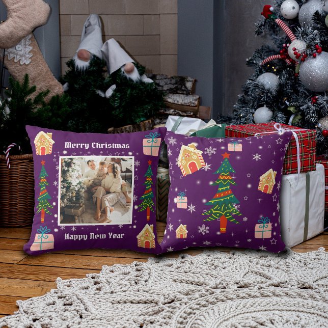 Coussin Joyeux Noël violet photo de famille (Créateur téléchargé)