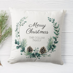 Coussin Joyeux Noël Wreath Green Pine Cone Farmhouse