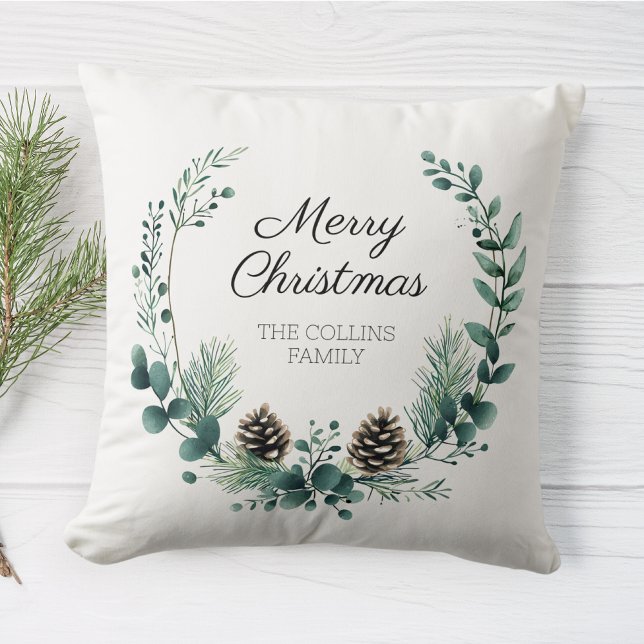 Coussin Joyeux Noël Wreath Green Pine Cone Farmhouse (Créateur téléchargé)