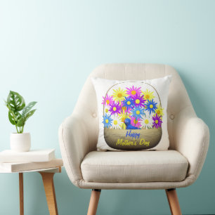 Coussin Joyeux panier de la Fête des Mères de marguerites 