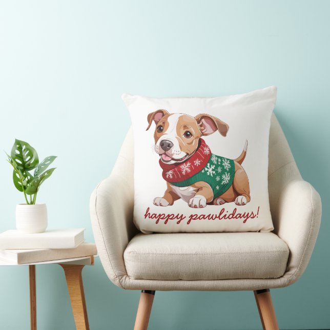 Coussin Joyeux Pawlidays | Chandail de Noël Pitbull Puppy (Chaise)