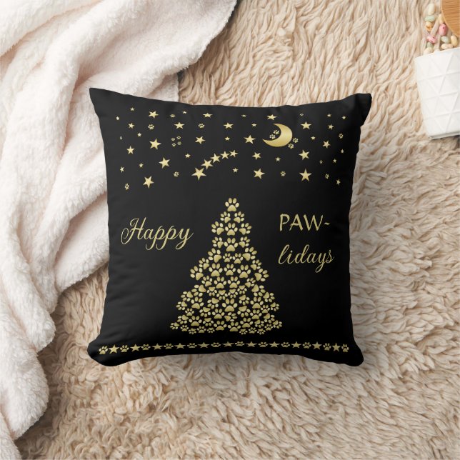 Coussin Joyeux Pawlidays, Or brillant Paw sapin de Noël (Couverture)