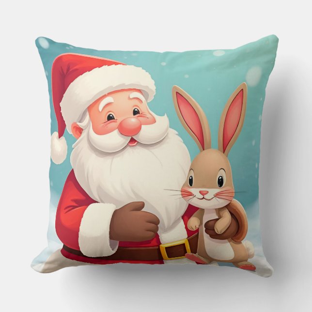 Coussin Joyeux Père Noël sur la scène hivernale neige (Recto)