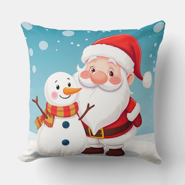 Coussin Joyeux Père Noël sur la scène hivernale neige (Recto)