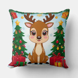 Coussin Joyeux Renne Festif Entouré d'Arbre de Noël