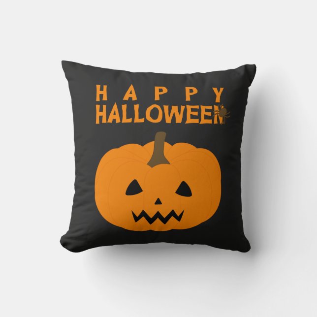 Coussin Joyeux texte et Citrouille d'Halloween en noir (Recto)