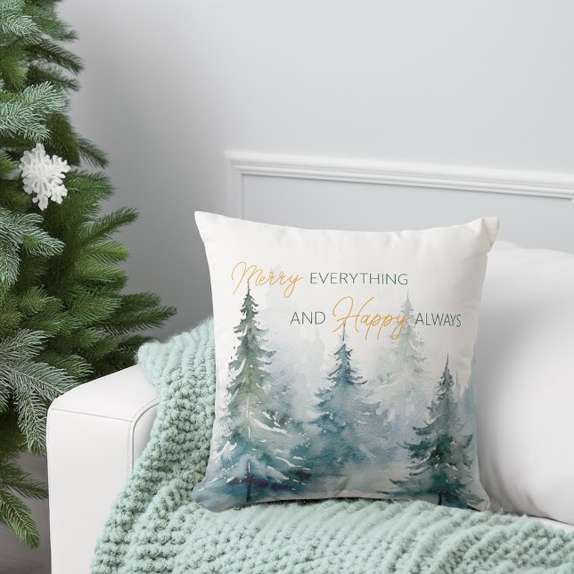 Coussin Joyeux Tout Toujours Heureux Arbres d'Hiver (Merry Everything Happy Always Winter Trees Throw Pillow)