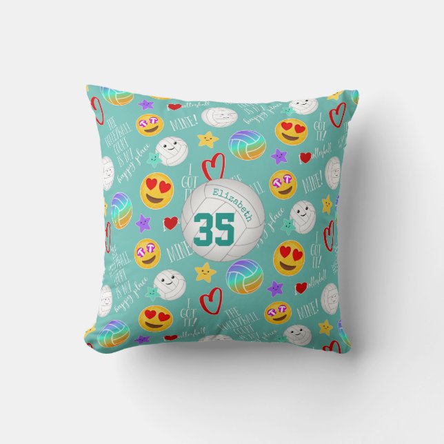 Coussin joyeux volley-ball kawaii emoji turquoise (Recto)