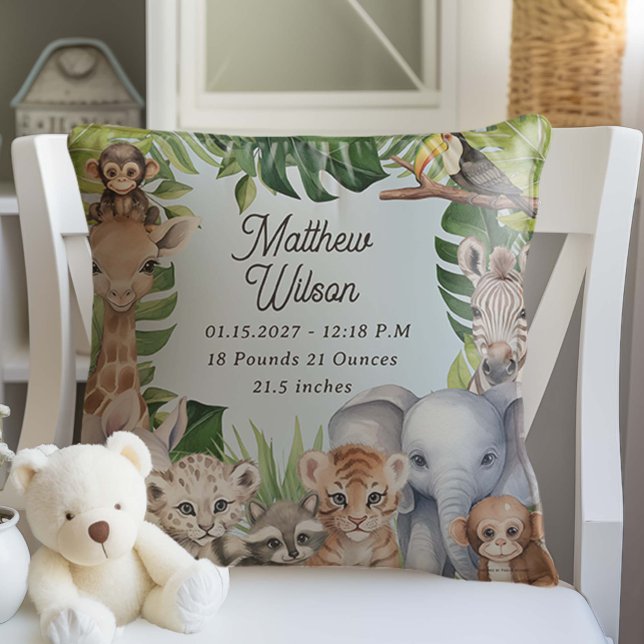 Coussin Jungle bleu nouveau bébé animaux statistiques de n (Blue Safari Animals Themed New Baby Gift Birth Stats Nursery Pillow Decor)