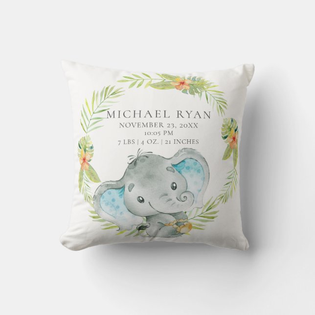 Coussin Jungle Boy Elephant Baby Birth Statistiques Coussi (Recto)