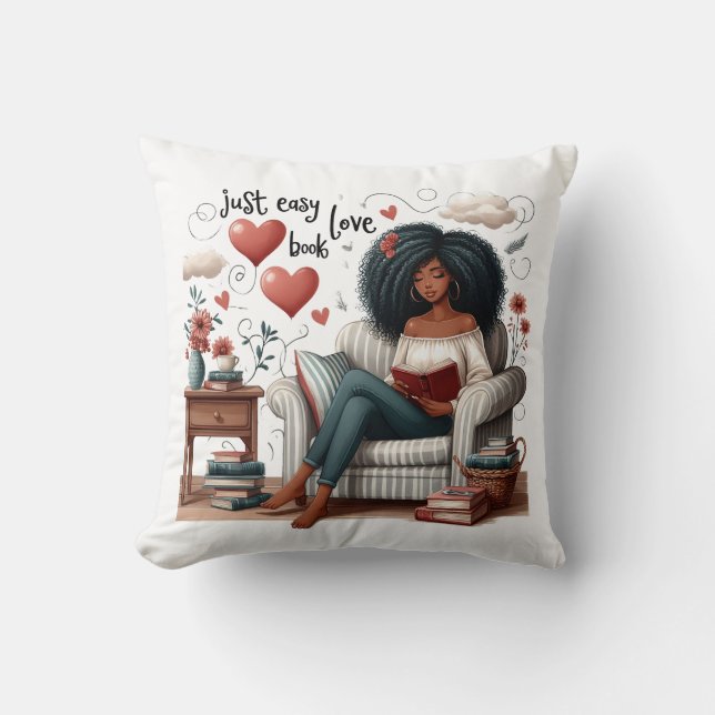 Coussin Just Easy Love Book, African American Girl Reading (Recto)