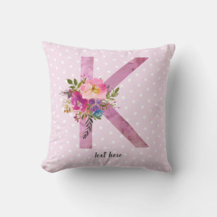 Coussin k, Floral Monogramme initial, fleur aquarelle