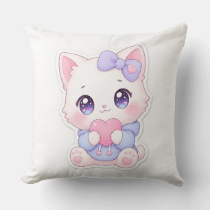 Coussin Kawaii Chaton Blanc Cœur & Nœud Violet