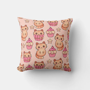 Coussin Kawaii Cute Cats and Cupcakes Motif rose